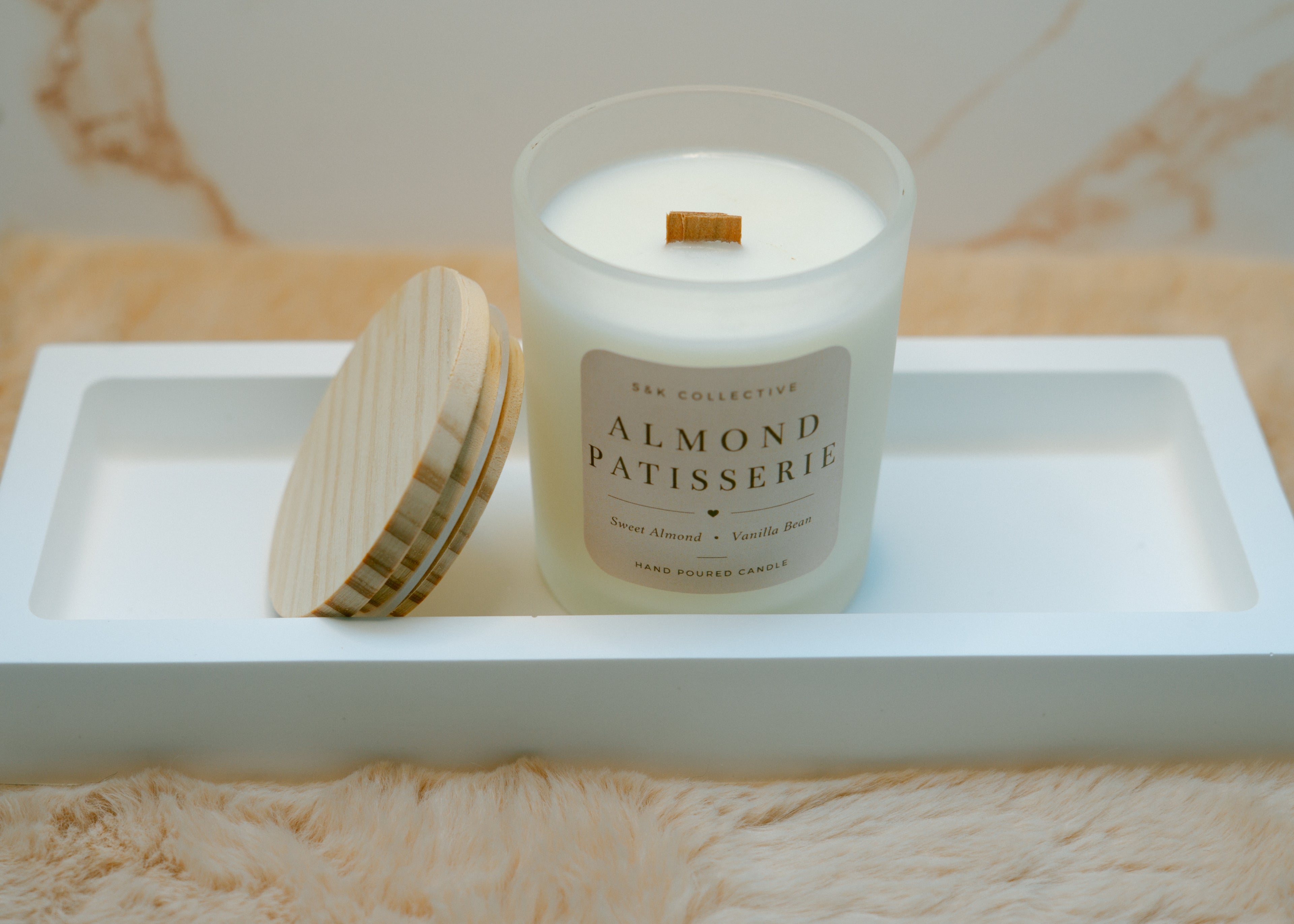Almond Patisserie Candle & Tray Set | Luxury Frosted Candle Set | Sweet Almond & Vanilla Bean